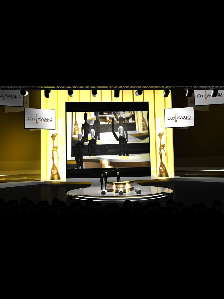 3D-Skizze der Gala-Bühne von 2010 mit Großleinwand und zwei Trophäen