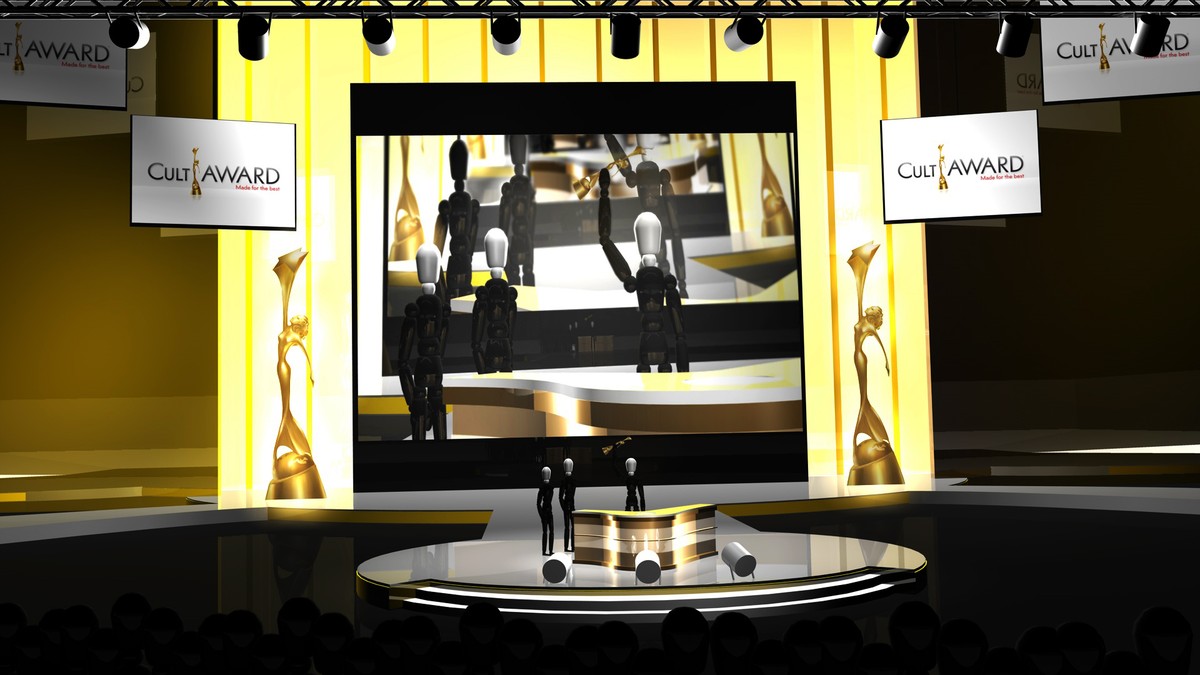 3D sketch of the 2010 gala stage with a large screen and two trophies