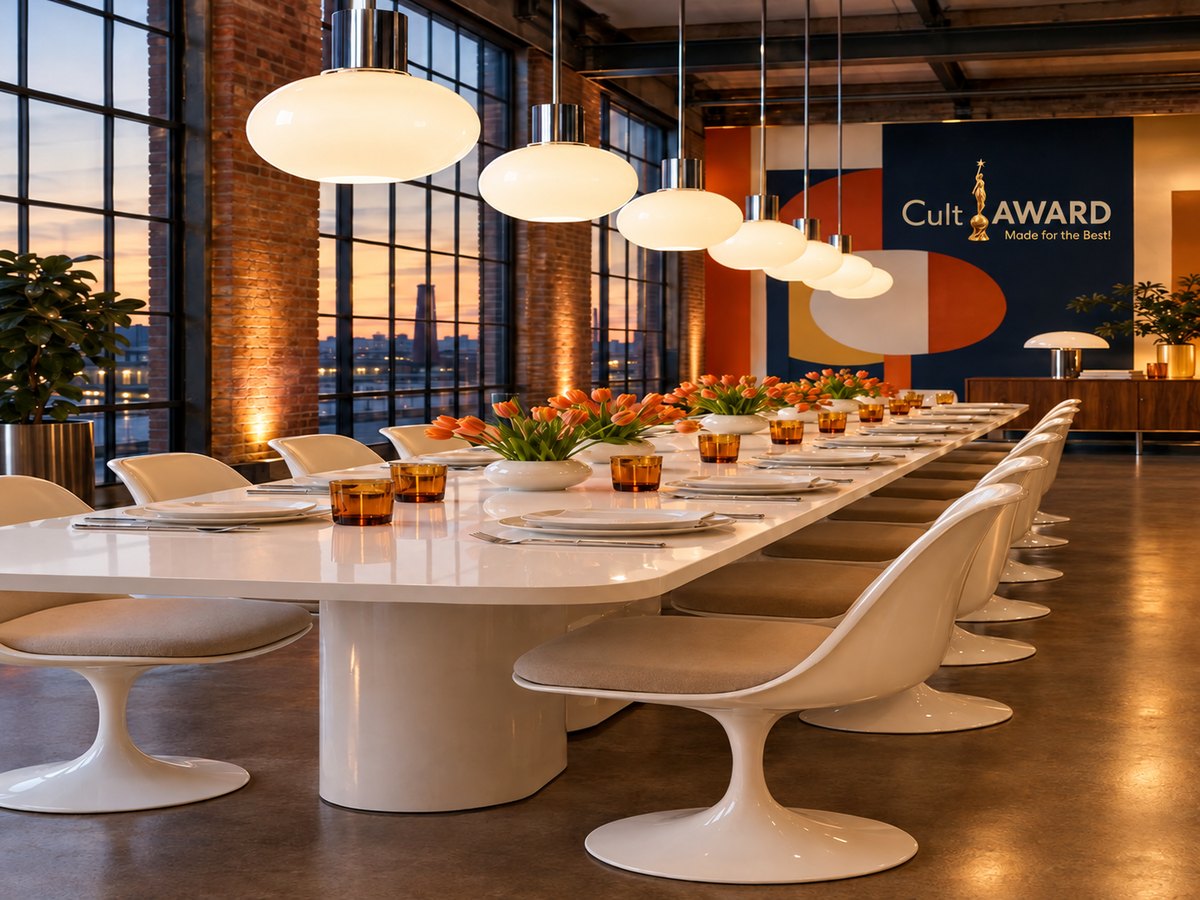 A long white table with tulip chairs and globe lamps for the founders’ dinner of the CA:Club (AI-generated)
