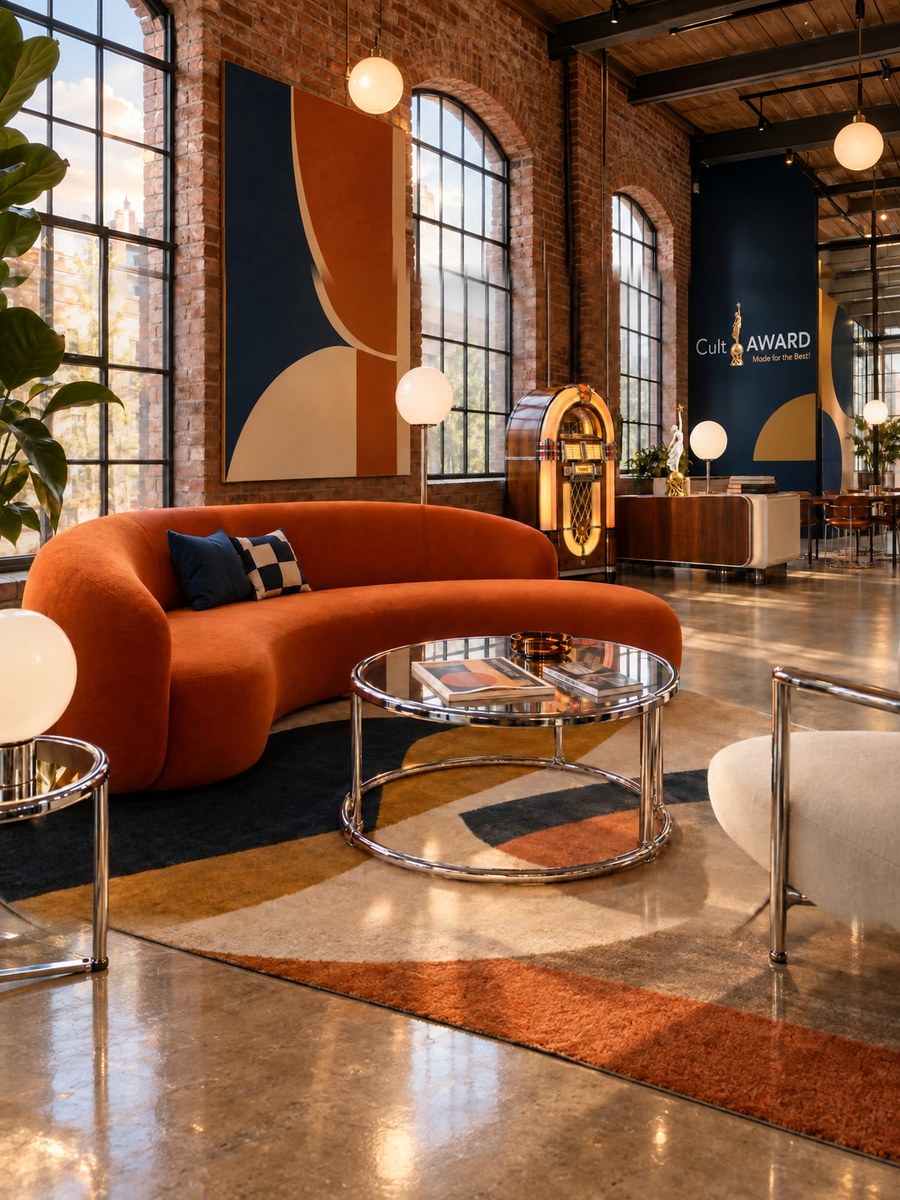 Lounge des CA:Club mit orangefarbenem Sofa, Jukebox und der Porzellan-Monique auf dem Sideboard (KI-generiert)