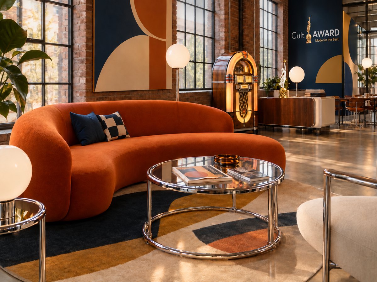 Lounge of the CA:Club with an orange sofa, a jukebox and the porcelain Monique on the sideboard (AI-generated)