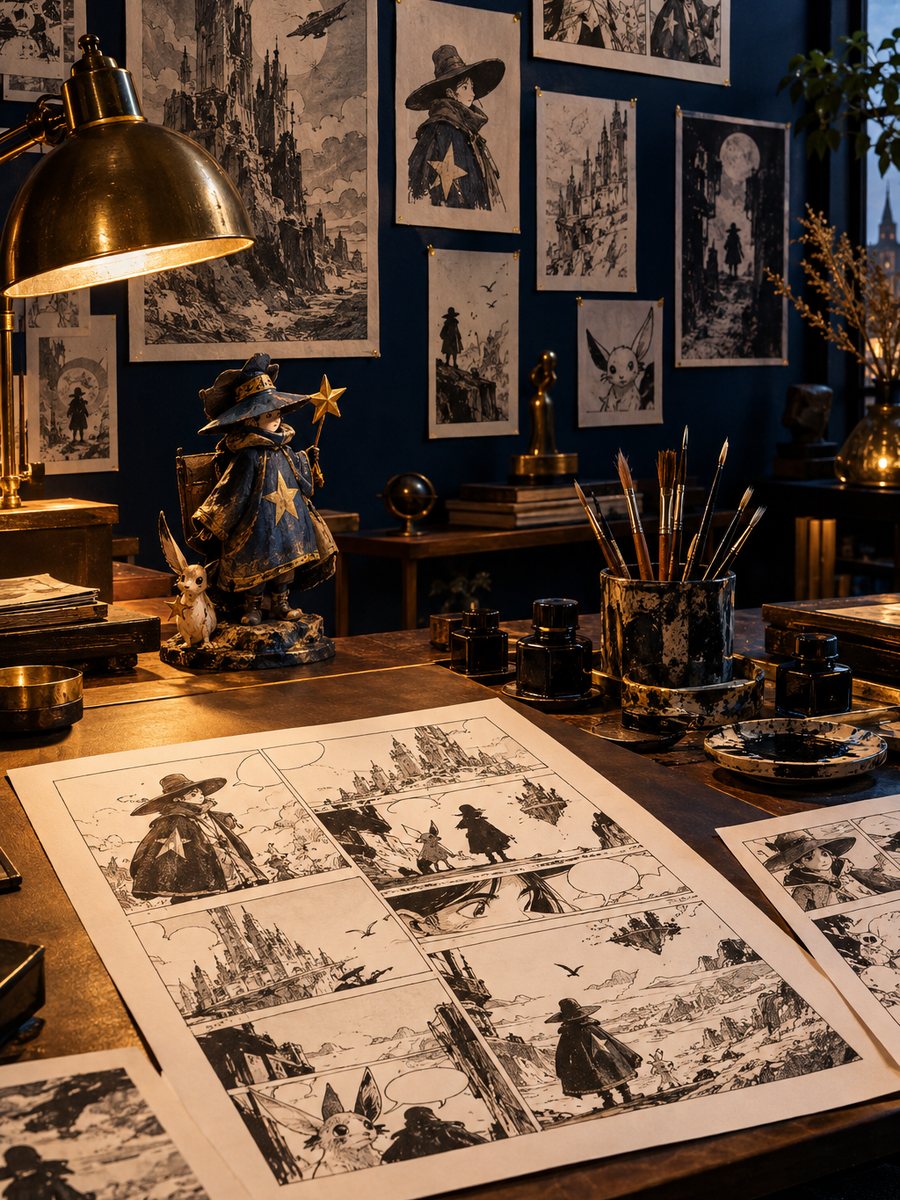 Studio of a comic artist with original pages and a collectible figure