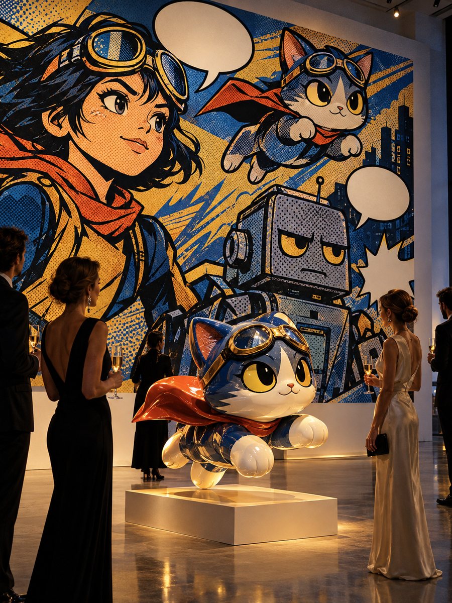 Gallery with a large pop-art comic mural and a figure sculpture