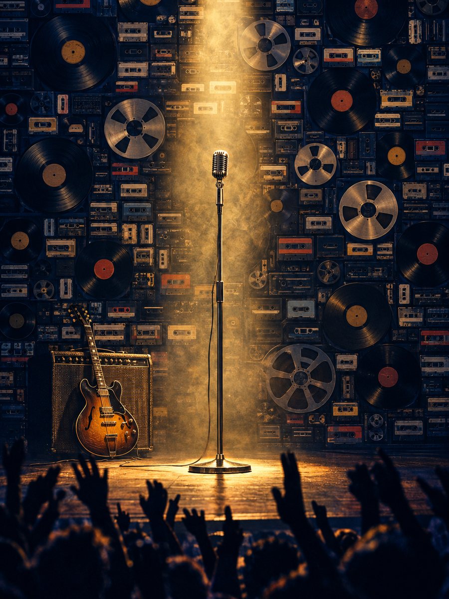 Microphone in a spotlight in front of a wall of cassettes and records