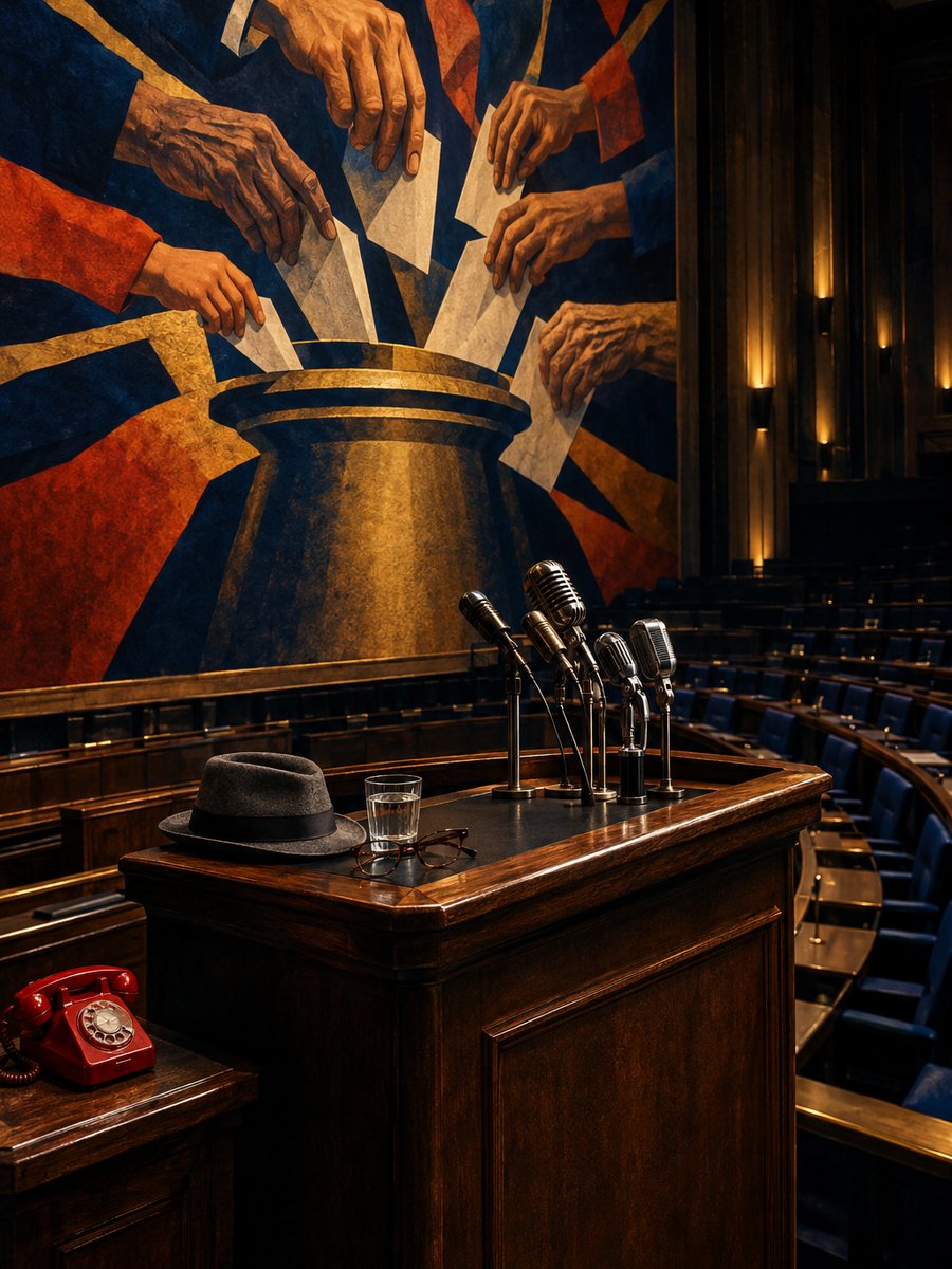 Abandoned seventies lectern in front of an election mural