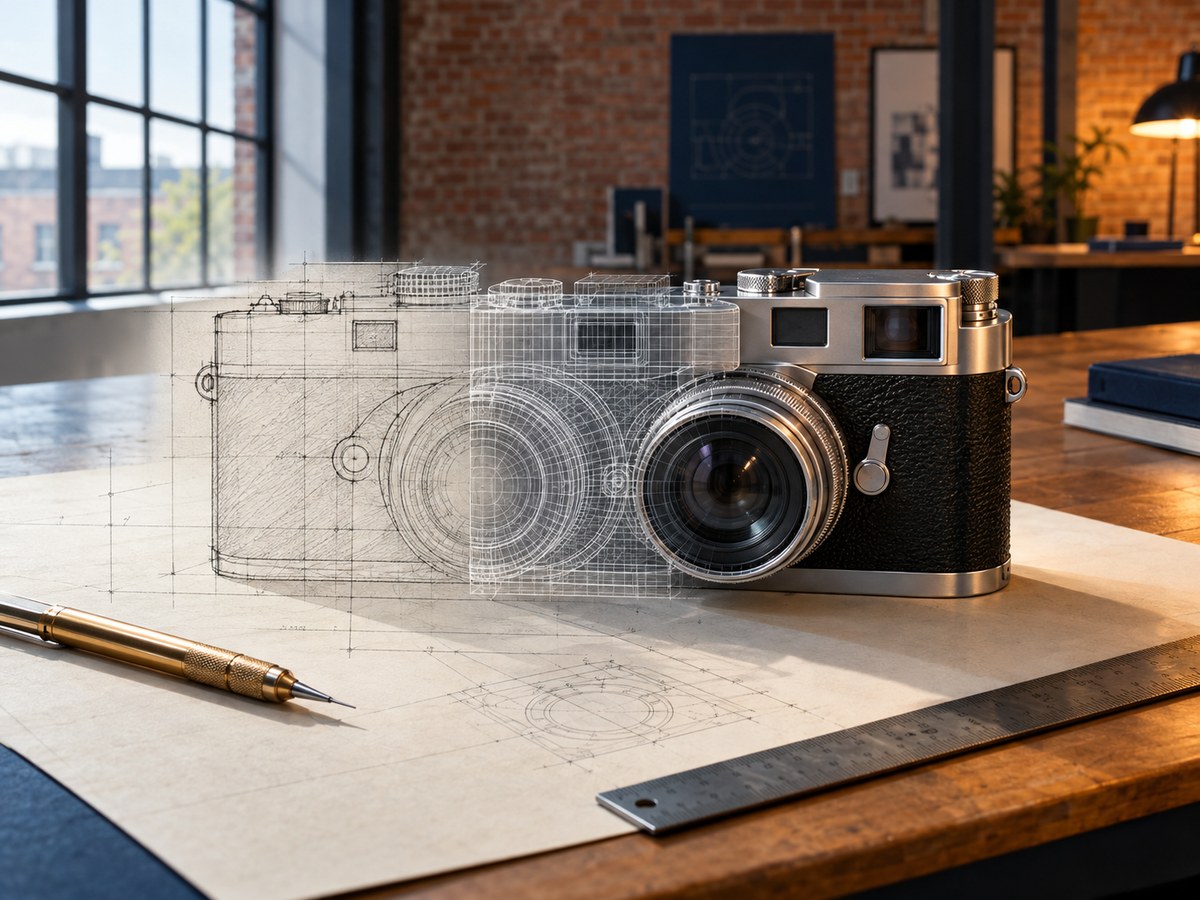 On a drawing table, a classic rangefinder camera evolves from pencil sketch to wireframe model to finished object (AI-generated)