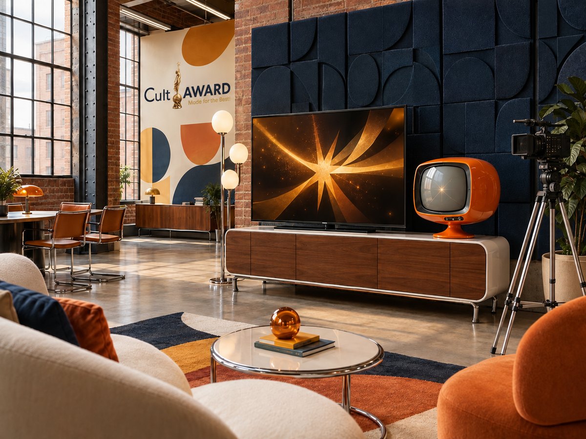 Media library with a screen, an orange seventies television and a camera (AI-generated)