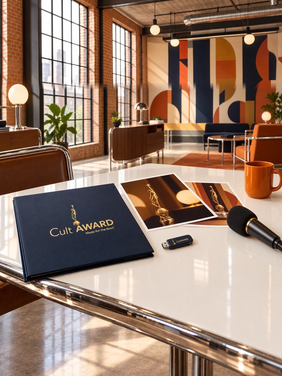 Press kit with CultAWARD logo, photos of the trophy, a USB stick and a microphone (AI-generated)