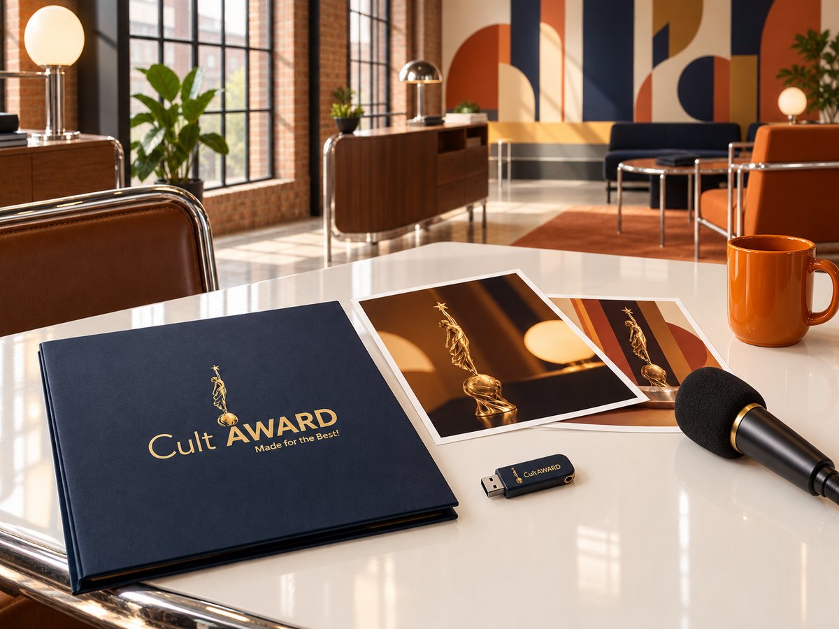 Press kit with CultAWARD logo, photos of the trophy, a USB stick and a microphone (AI-generated)