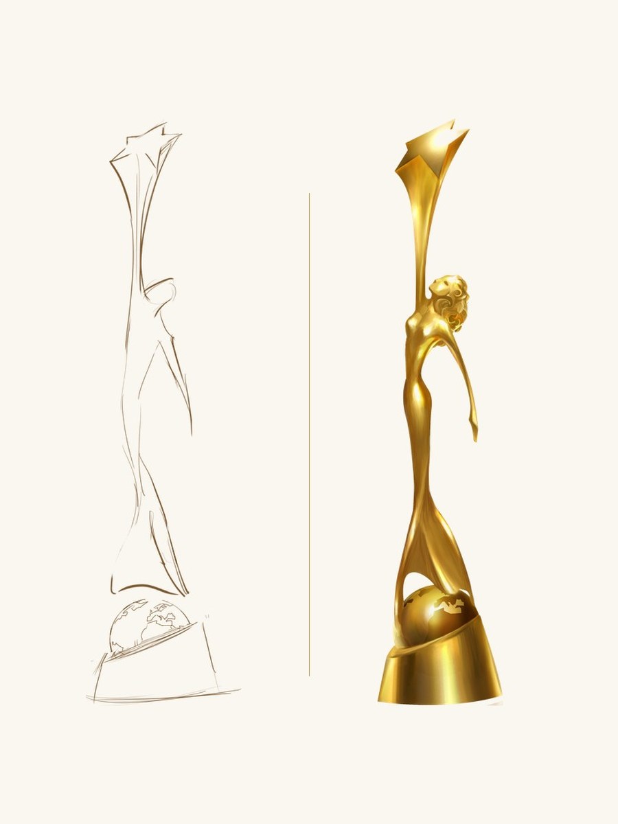 Links die erste Bleistiftskizze der CultAWARD-Trophäe von 2009, rechts die goldene Figur, die den CultAWARD von 2010 bis 2022 trug