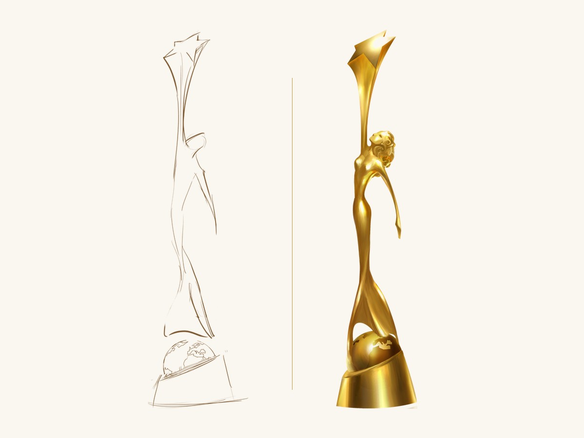 Left, the first pencil sketch of the CultAWARD trophy from 2009; right, the golden figure that carried the CultAWARD from 2010 to 2022