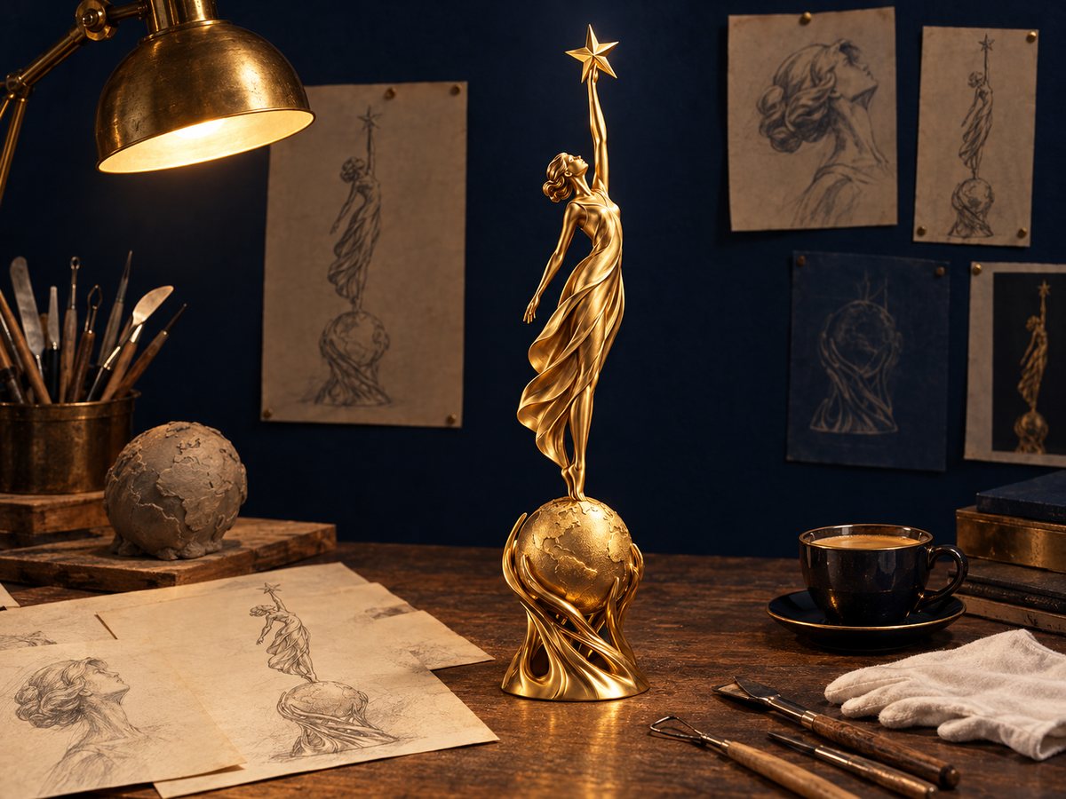 Monique, the golden CultAWARD trophy, on a sculptor’s table among sketches and tools