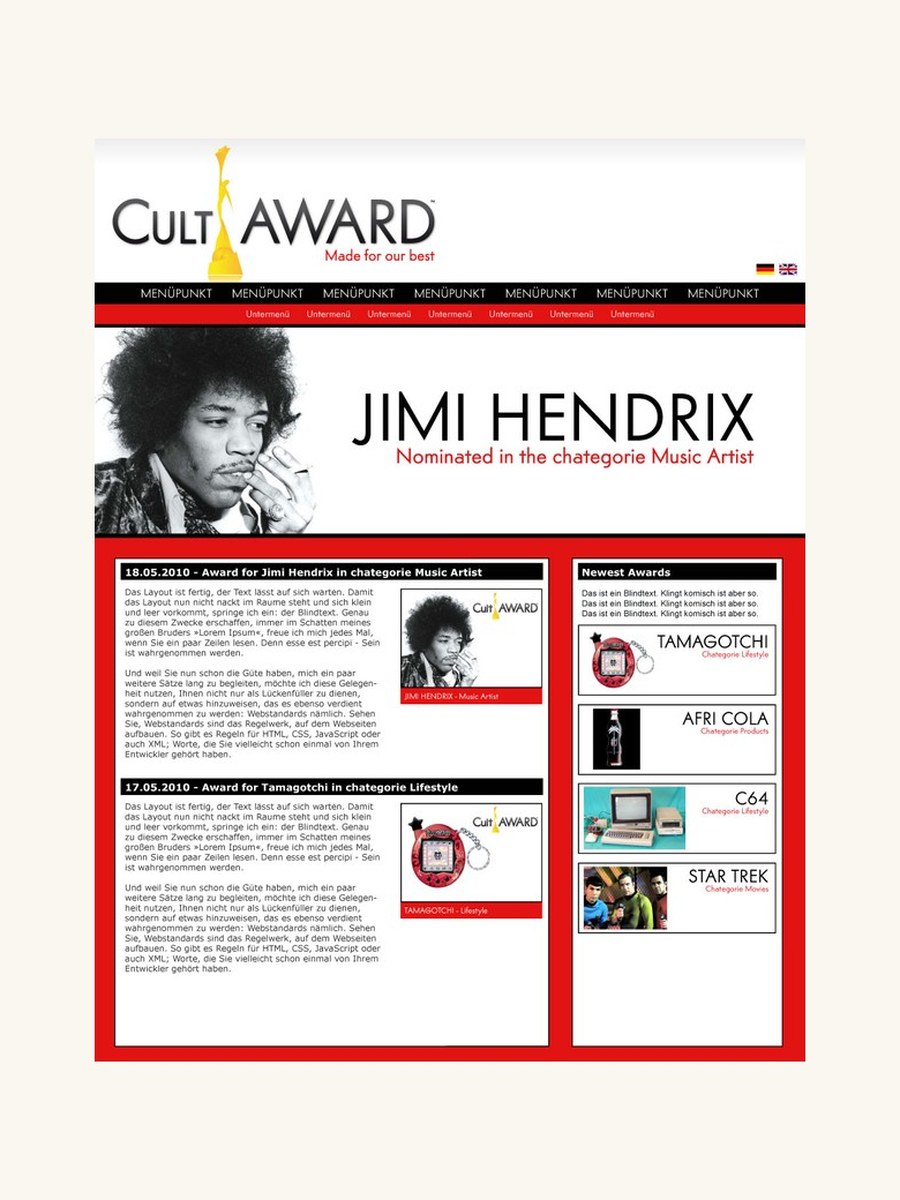 Entwurf der ersten CultAWARD-Website von 2010 mit Logo, Navigation und ersten Nominierungen