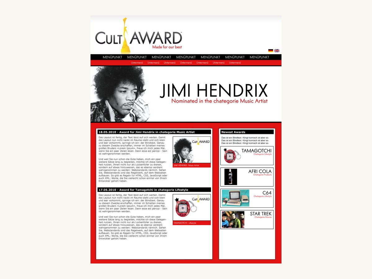 Design of the first CultAWARD website from 2010 with logo, navigation and the first nominations
