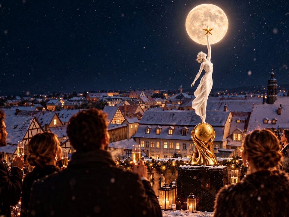 Gäste stoßen auf der winterlichen Terrasse des Rosengartens an; über den verschneiten Dächern der Bamberger Altstadt steht die Monique aus weißem Porzellan mit goldener Erde und goldenem Stern vor dem Vollmond