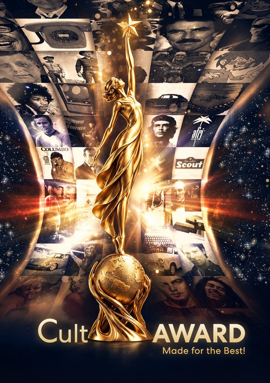 Das CultAWARD-Plakat 2026: die goldene Trophäe vor einer Wand aus Kultmotiven unter einem Sternenhimmel, darunter das CultAWARD-Logo