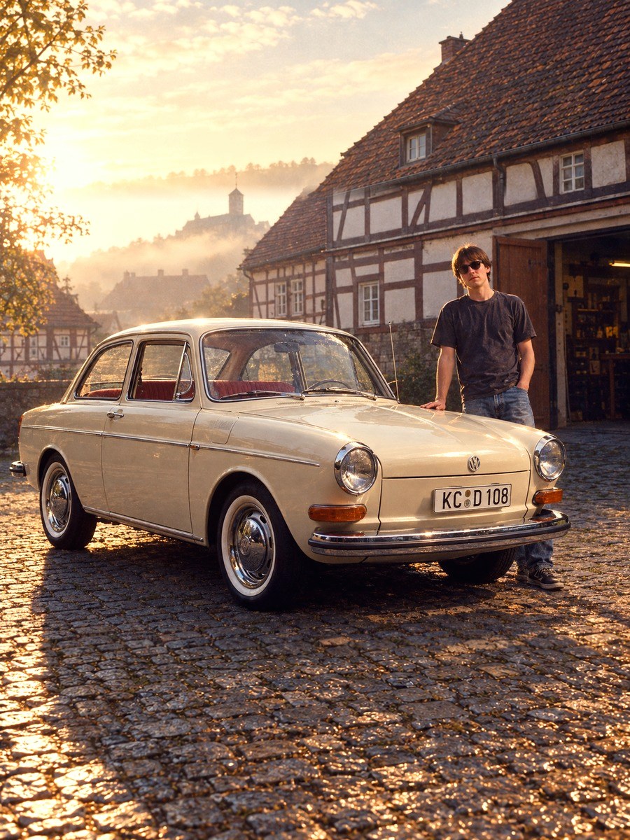 Beiger VW 1600 Stufenheck, Baujahr 1972, mit Kennzeichen KC D 108 in einem Kronacher Fachwerkhof am Morgen, daneben der junge Oliver Hillebrecht